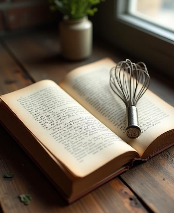 A vintage philosophy book open next to a handcrafted wire whisk on a rustic wooden surface.